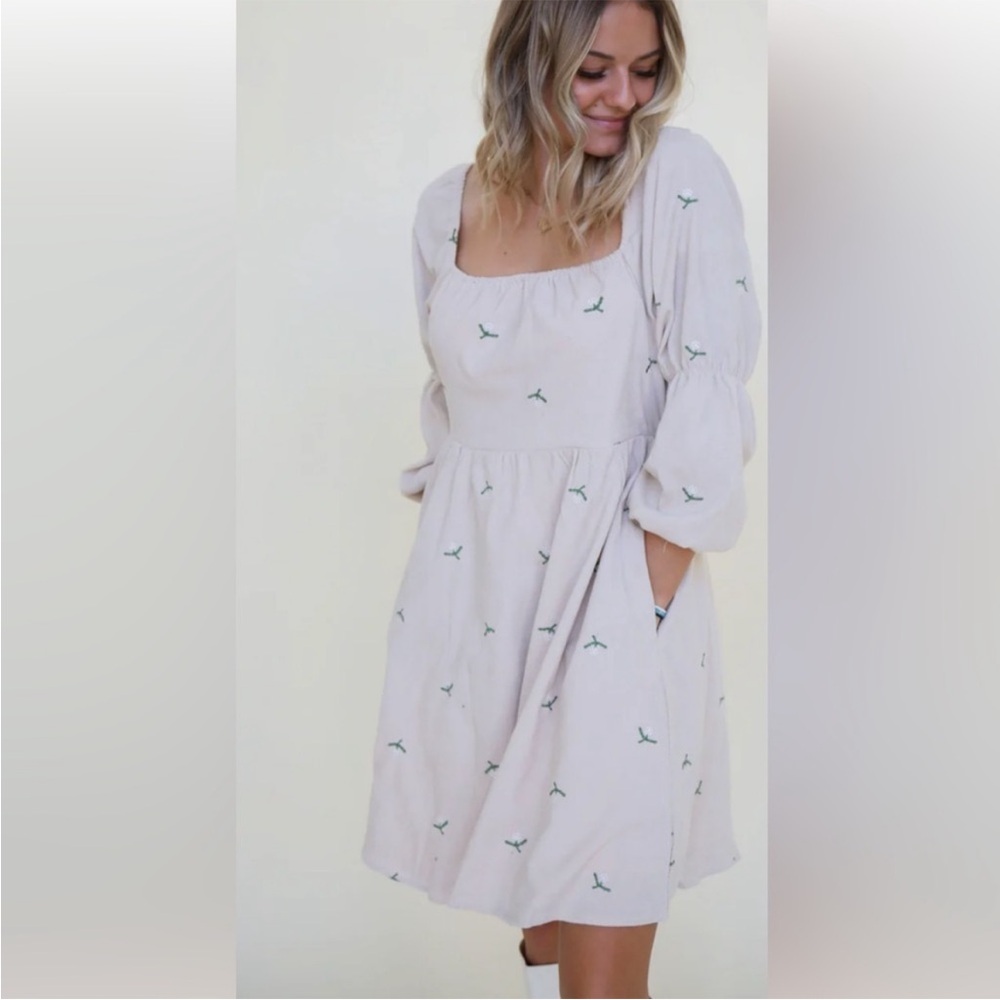 DAVI & DANI Cream Corduroy Midi Dress with Green Floral Embroidery
